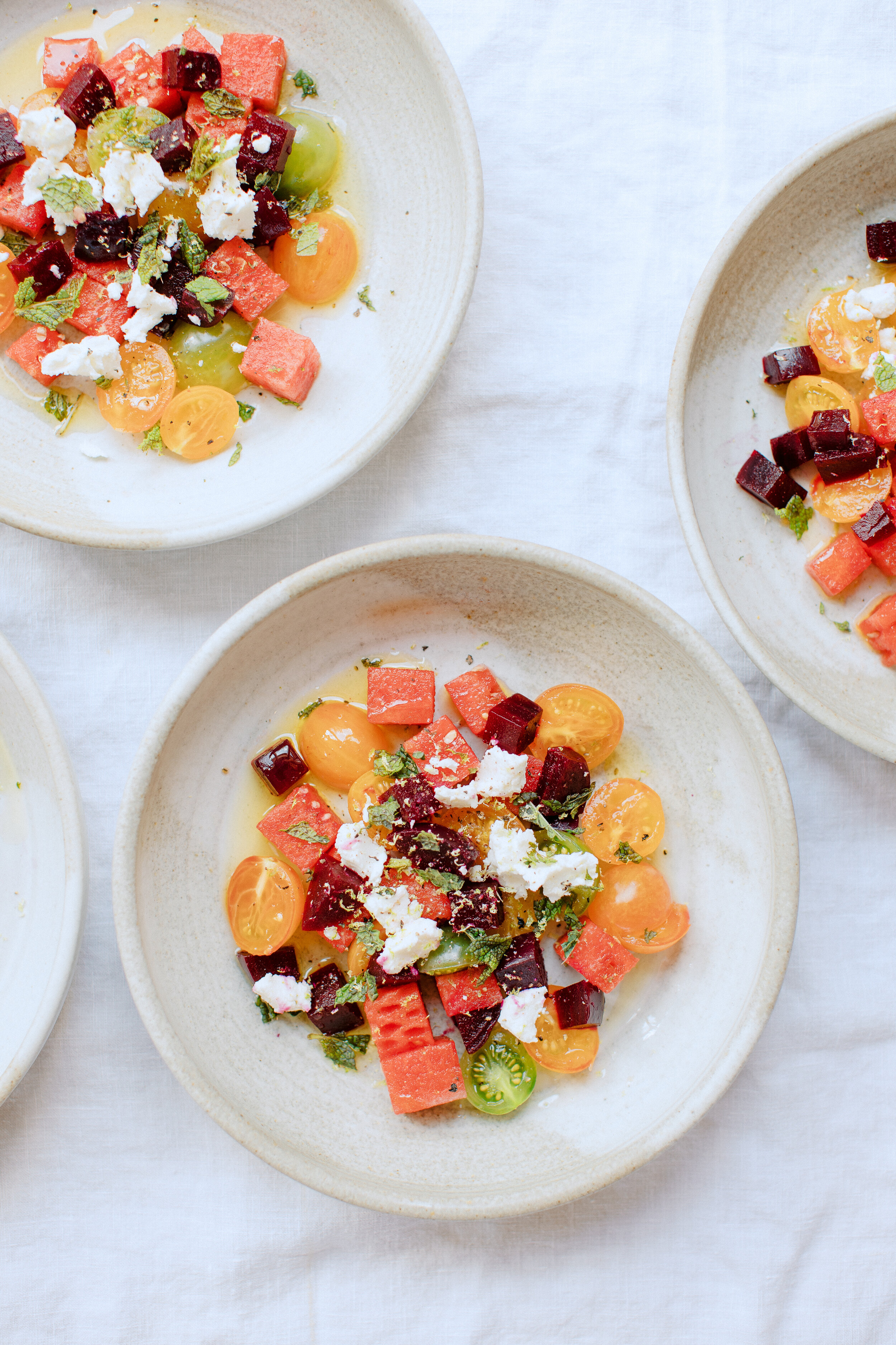 Beet, Tomato, Watermelon Salad with Goat Cheese and Honey Lime Dressing
