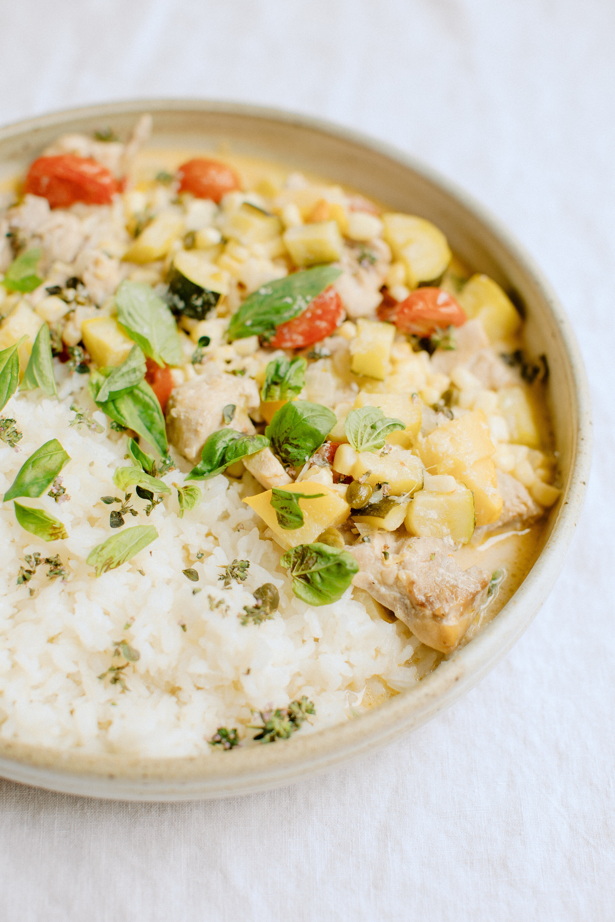 Chicken with Summer Vegetables Coconut Capers and Thyme