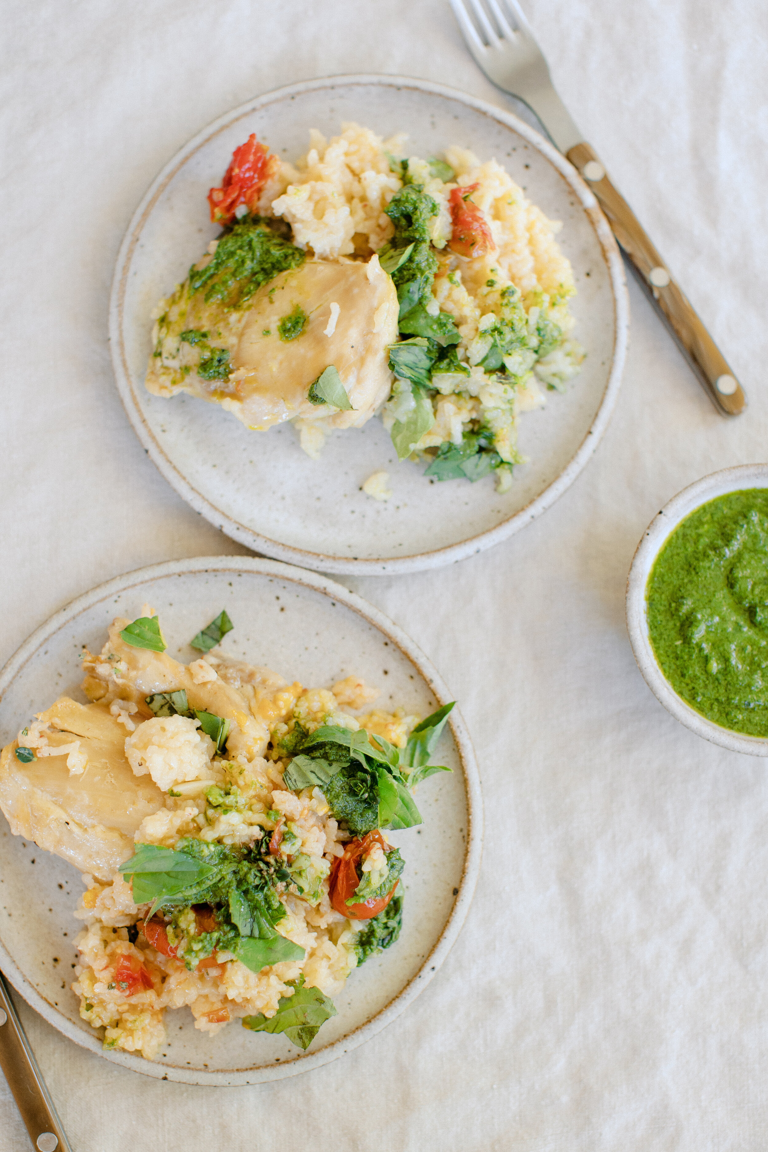 One Pan Chicken and Rice with Cherry Tomatoes and Basil Vinaigrette