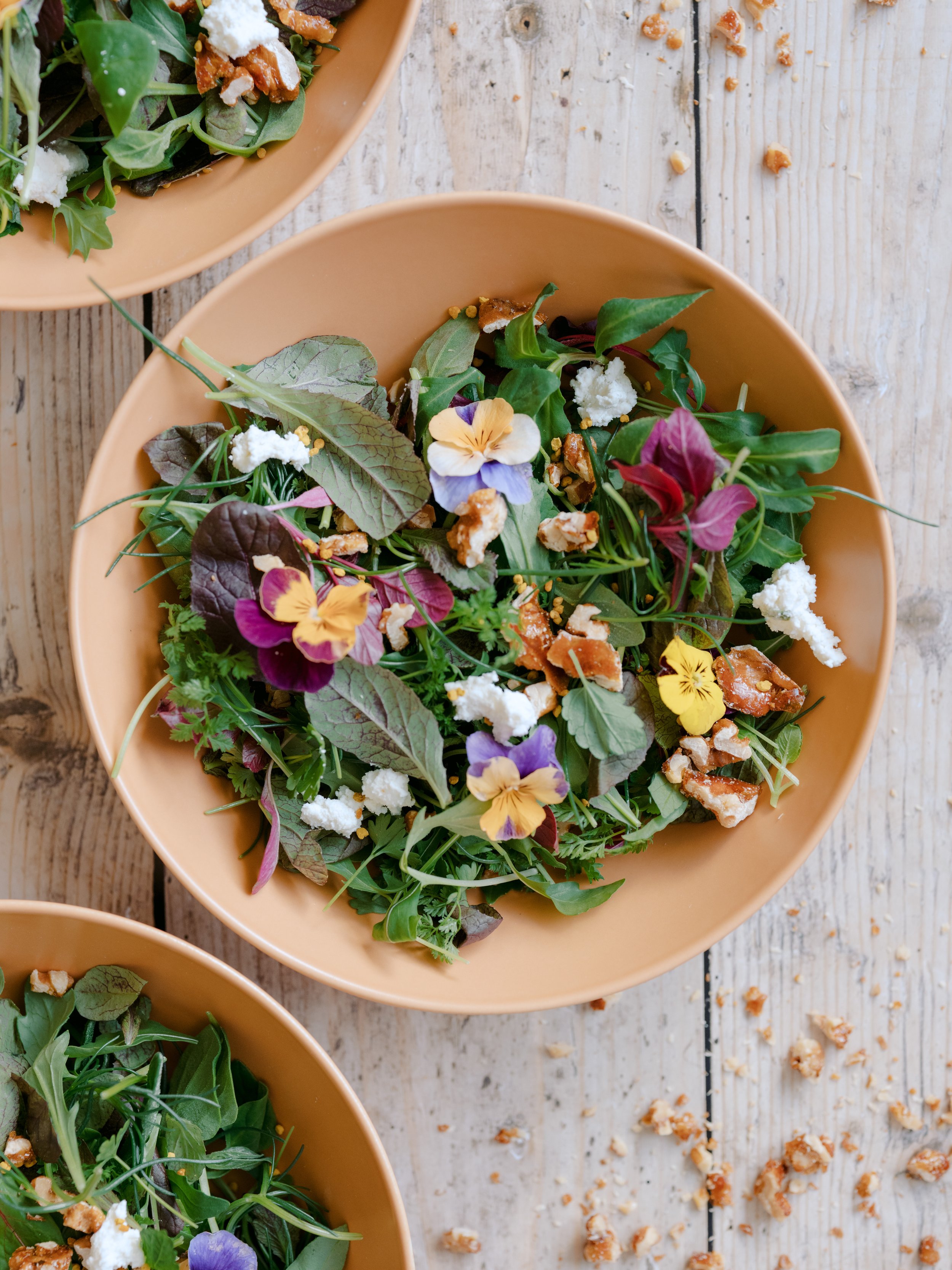Greens and Flowers with Candied Walnuts